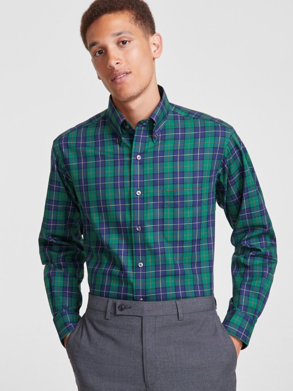 Club Room Men's Plaid Dress Shirt, Created for Macy's - Green Navy   NWT